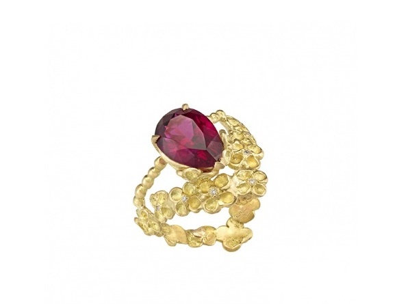 Anais Rheiner -Bague "Etincelle rose", rubelitte, diamants, or jaune