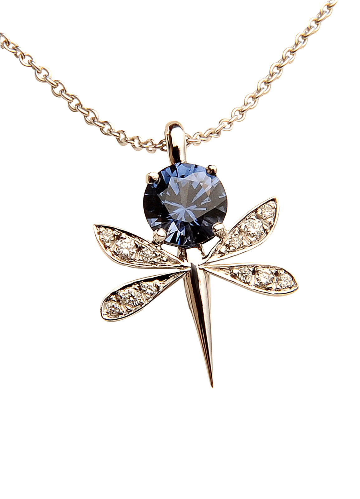 Pendentif Libellule,or blanc, spinelle bleu, diamants © Tiber